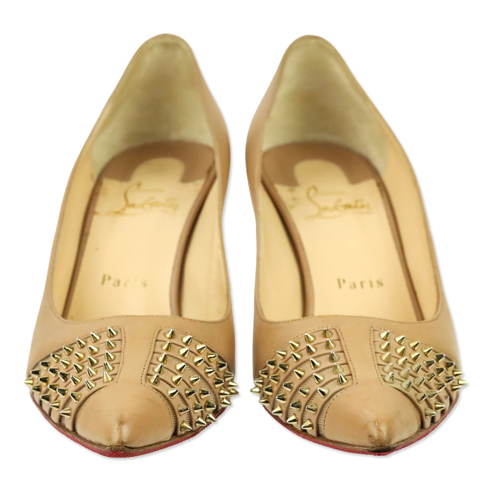 Christian Louboutin Nude Kid Light Gold Spike Bareta 70 Pumps