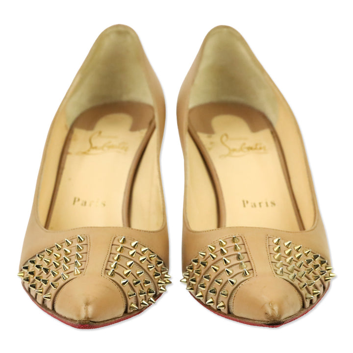 Christian Louboutin Nude Kid Light Gold Spike Bareta 70 Pumps