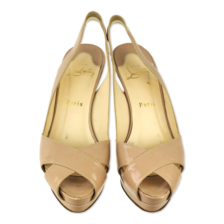 Christian Louboutin Nude Patent Leather Slingback Peep Toe Soso 100 Pumps