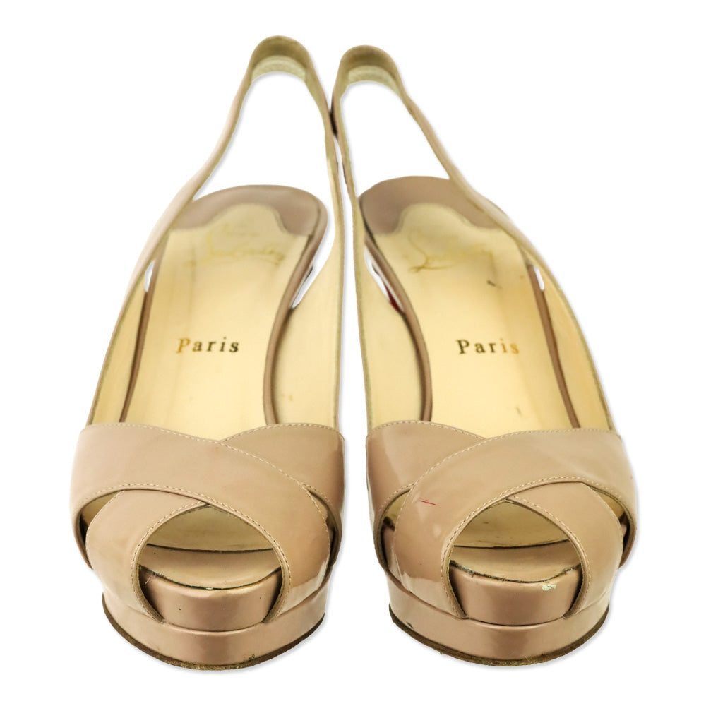 Christian Louboutin Nude Patent Leather Slingback Peep Toe Soso 100 Pumps