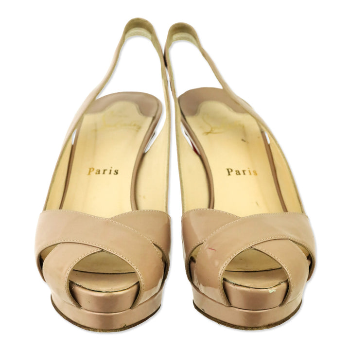 Christian Louboutin Nude Patent Leather Slingback Peep Toe Soso 100 Pumps