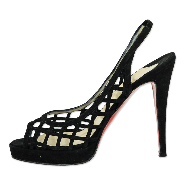 Christian Louboutin Nuit D'Ete Black Suede Peep Lattice Slingback Pumps