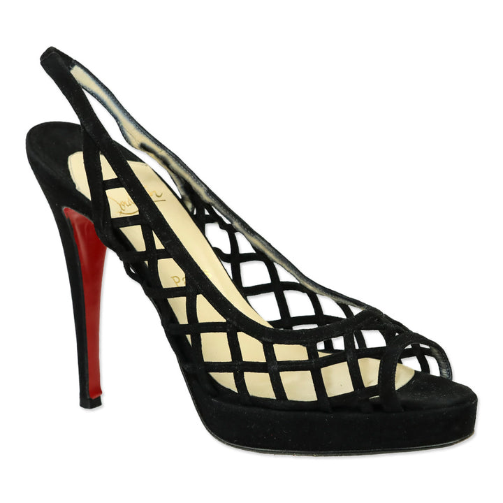Christian Louboutin Nuit D'Ete Black Suede Peep Lattice Slingback Pumps