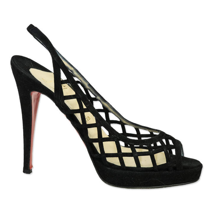 Christian Louboutin Nuit D'Ete Black Suede Peep Lattice Slingback Pumps
