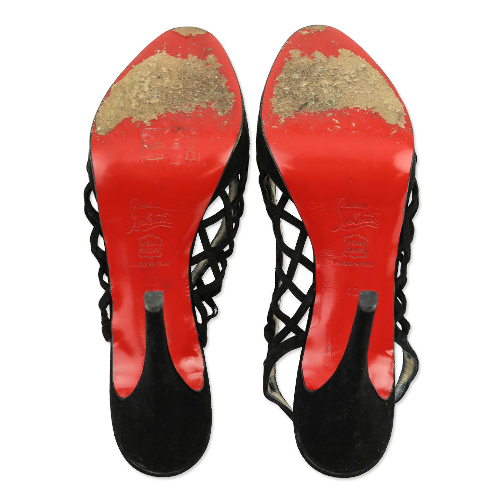 Christian Louboutin Nuit D'Ete Black Suede Peep Lattice Slingback Pumps