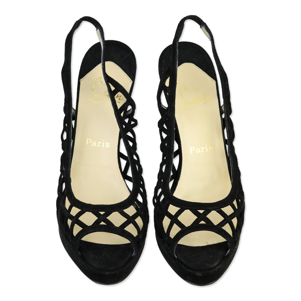 Christian Louboutin Nuit D'Ete Black Suede Peep Lattice Slingback Pumps