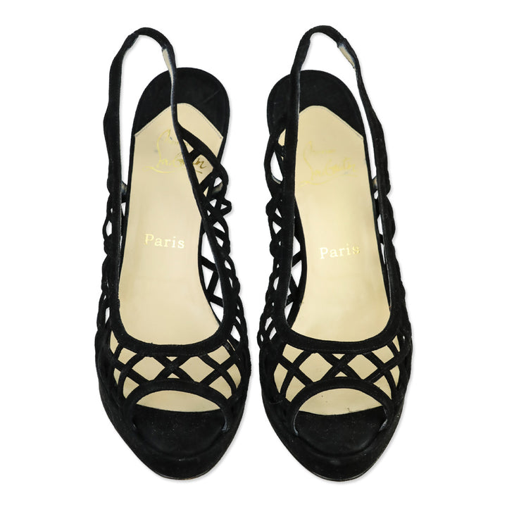 Christian Louboutin Nuit D'Ete Black Suede Peep Lattice Slingback Pumps