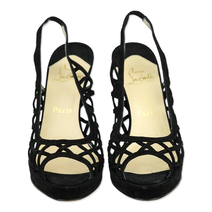 Christian Louboutin Nuit D'Ete Black Suede Peep Lattice Slingback Pumps