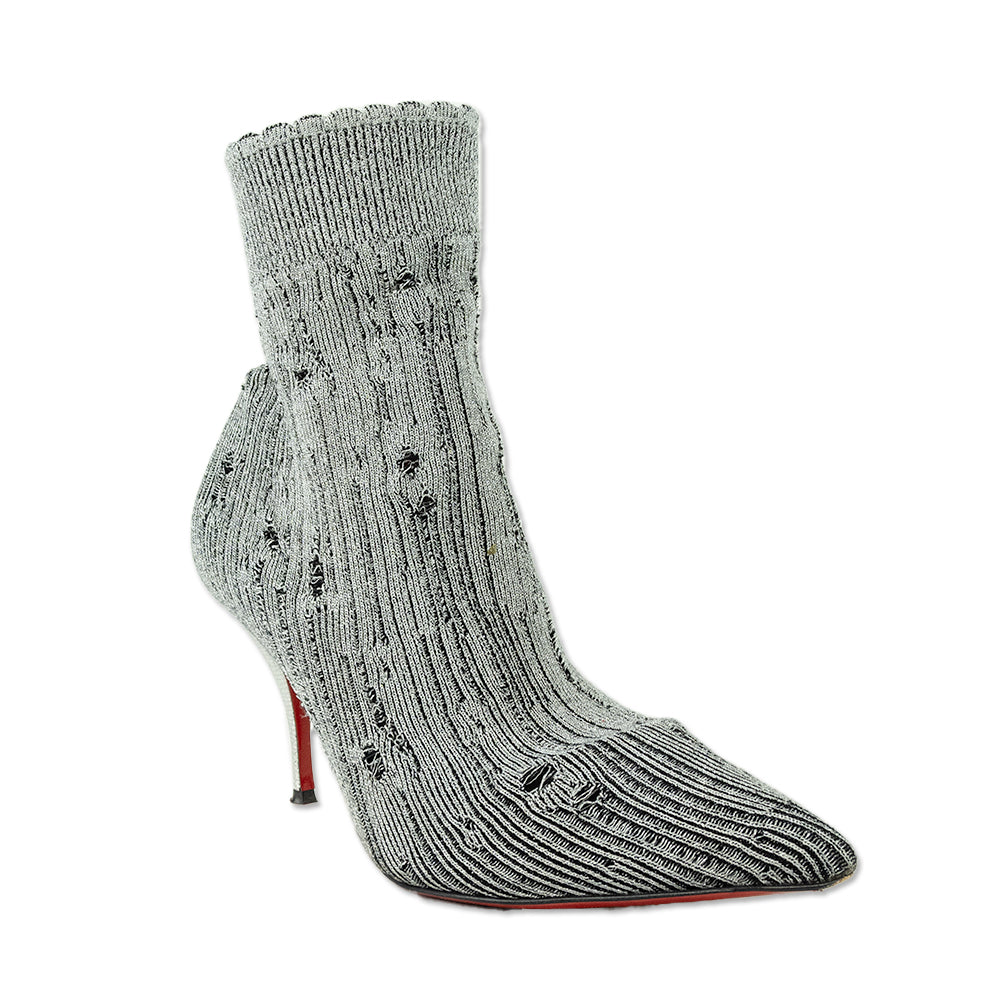 Christian Louboutin Sandrine 80 Distressed Silver Stretch Sock Ankle Booties