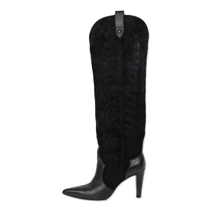 Christian Louboutin Santia Botta 85mm Black Suede/Leather Knee-High Boots