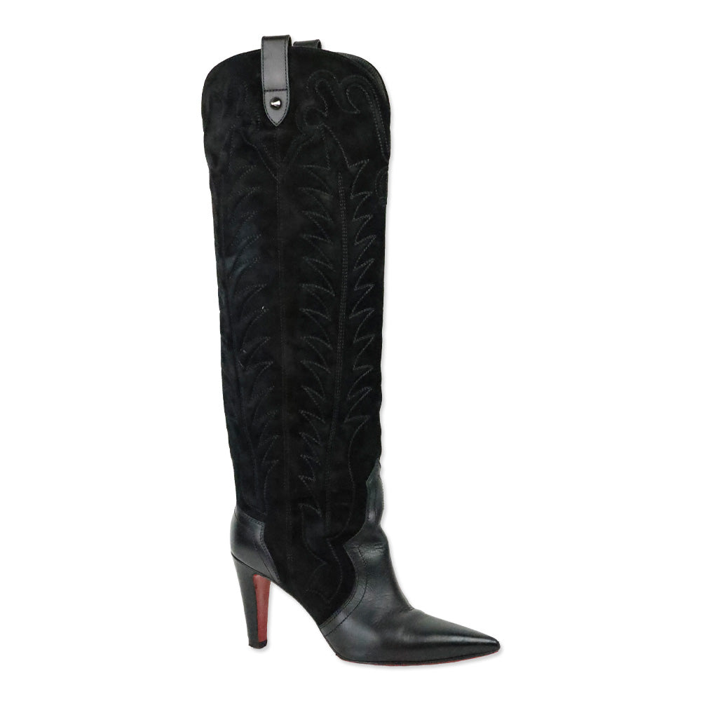 Christian Louboutin Santia Botta 85mm Black Suede/Leather Knee-High Boots