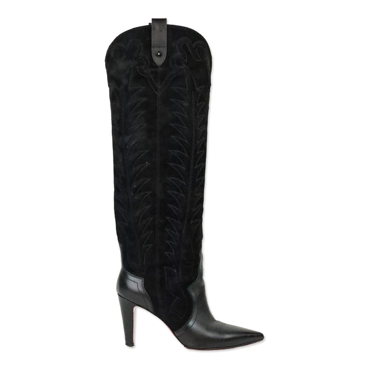Christian Louboutin Santia Botta 85mm Black Suede/Leather Knee-High Boots