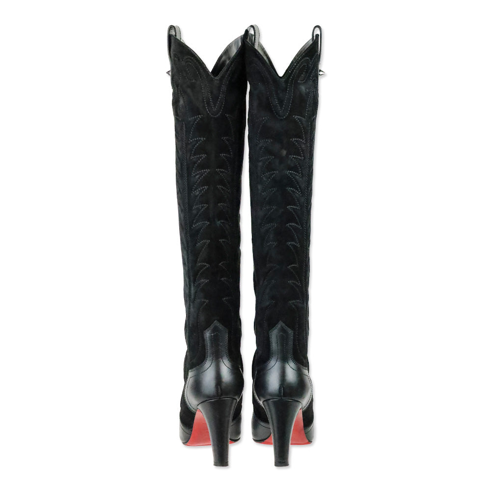 Christian Louboutin Santia Botta 85mm Black Suede/Leather Knee-High Boots