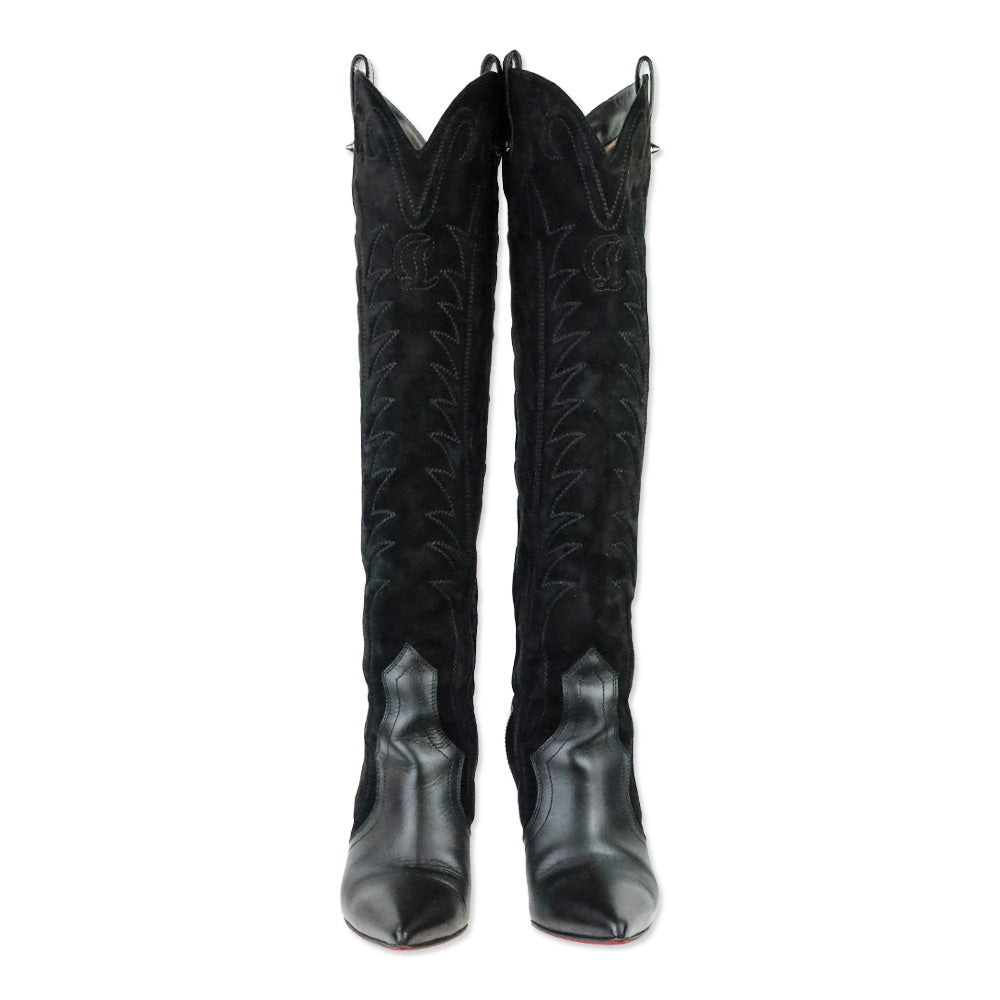 Christian Louboutin Santia Botta 85mm Black Suede/Leather Knee-High Boots