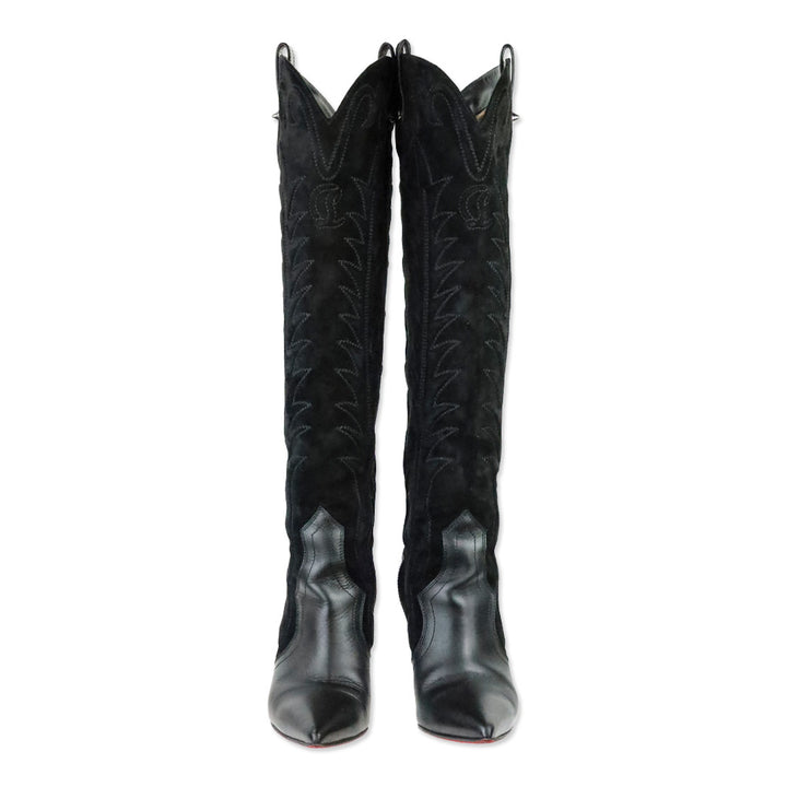 Christian Louboutin Santia Botta 85mm Black Suede/Leather Knee-High Boots