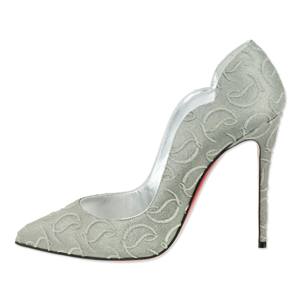 Christian Louboutin Silver CL Monogram Glitter Hot Chick 100 Pump