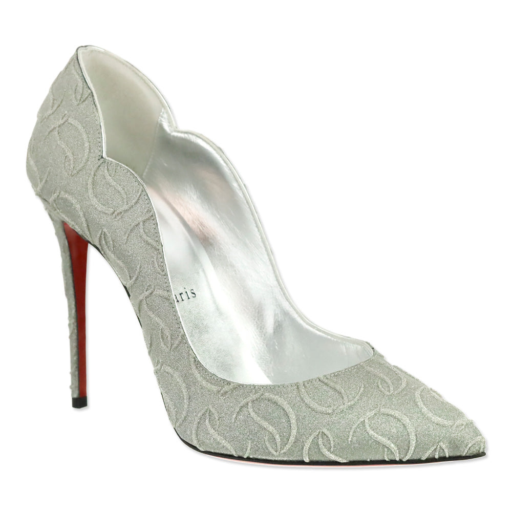 Christian Louboutin Silver CL Monogram Glitter Hot Chick 100 Pump