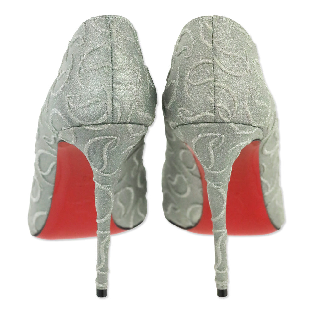 Christian Louboutin Silver CL Monogram Glitter Hot Chick 100 Pump