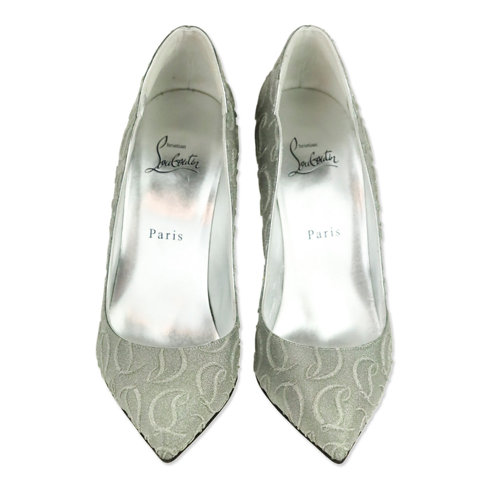 Christian Louboutin Silver CL Monogram Glitter Hot Chick 100 Pump