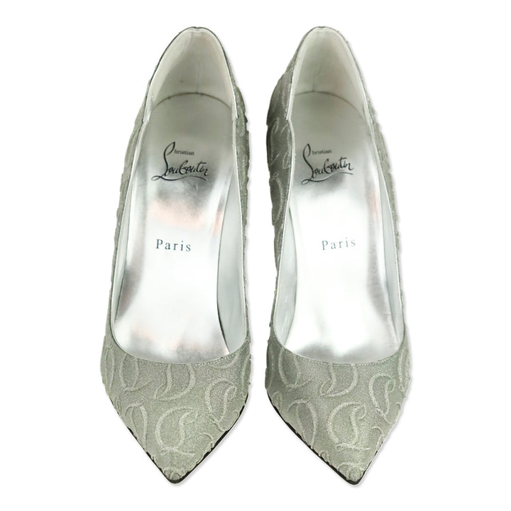 Christian Louboutin Silver CL Monogram Glitter Hot Chick 100 Pump