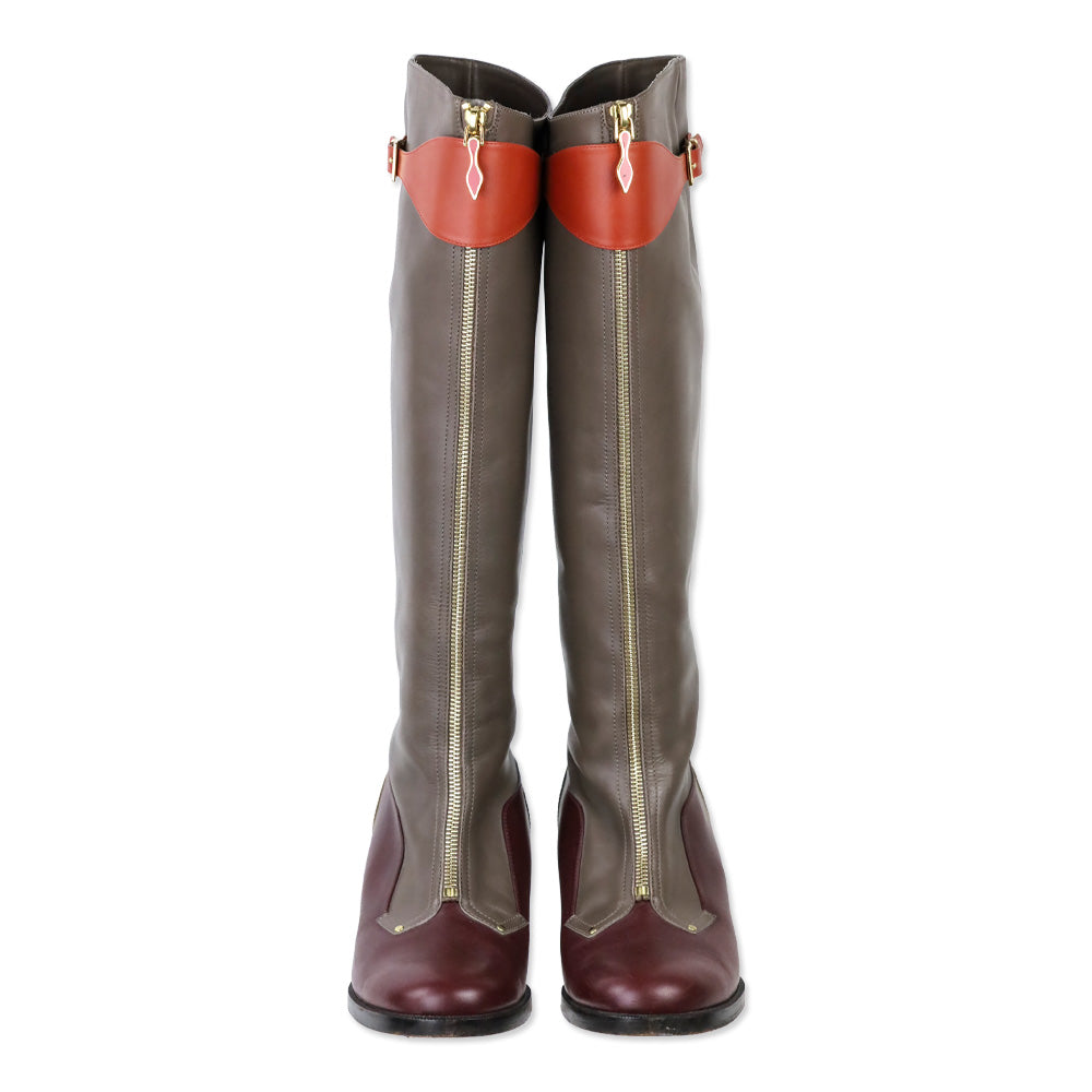 Christian Louboutin Taupe/Burgundy/Mustard Colorblock Leather Knee-High Zip Riding Boots