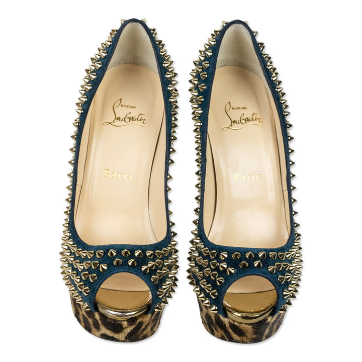 Christian Louboutin Teal Suede Leopard Pony Hair Lady Peep Spikes Platform Pumps