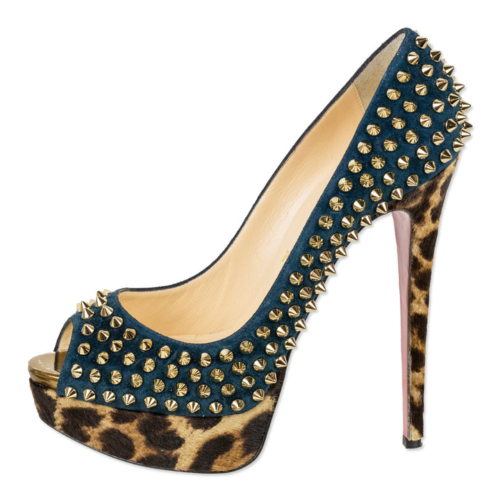 Christian Louboutin Teal Suede Leopard Pony Hair Lady Peep Spikes Platform Pumps