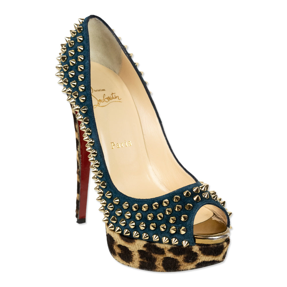 Christian Louboutin Teal Suede Leopard Pony Hair Lady Peep Spikes Platform Pumps