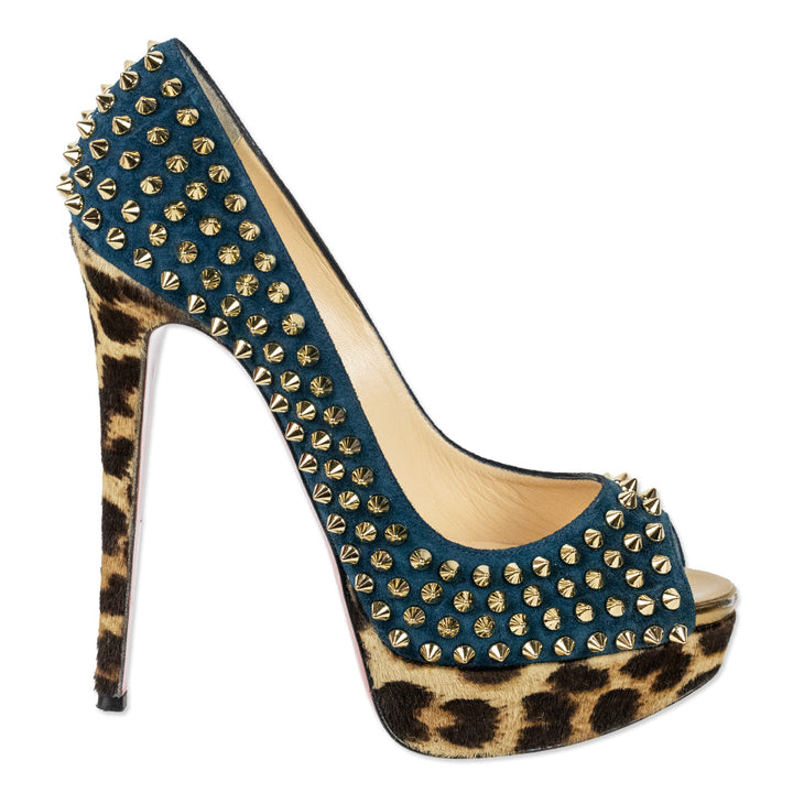 Christian Louboutin Teal Suede Leopard Pony Hair Lady Peep Spikes Platform Pumps