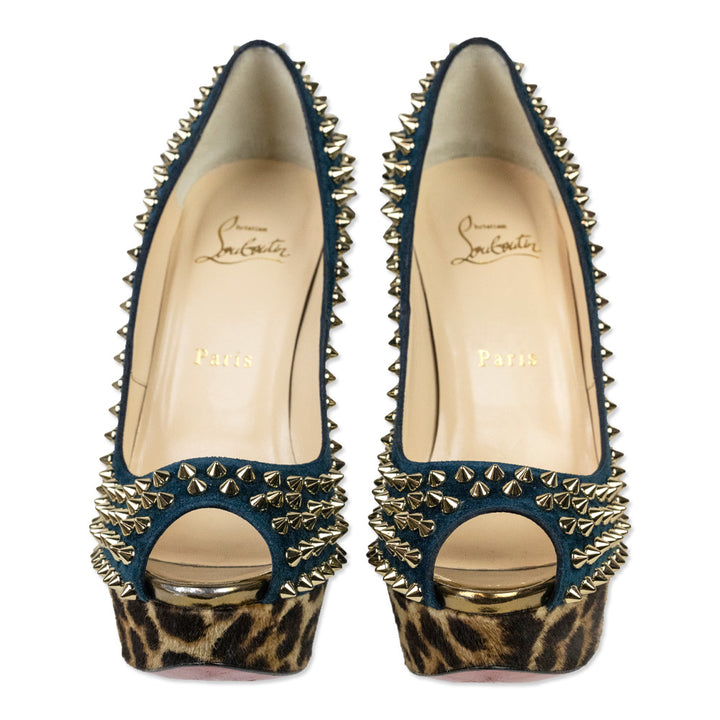 Christian Louboutin Teal Suede Leopard Pony Hair Lady Peep Spikes Platform Pumps