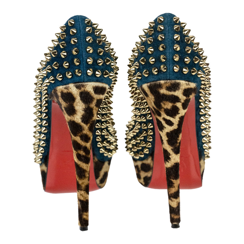 Christian Louboutin Teal Suede Leopard Pony Hair Lady Peep Spikes Platform Pumps