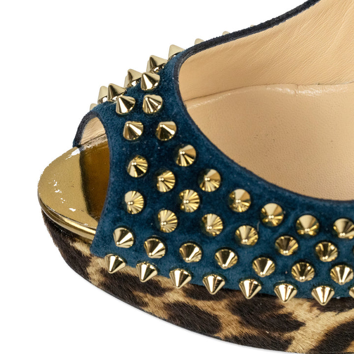 Christian Louboutin Teal Suede Leopard Pony Hair Lady Peep Spikes Platform Pumps