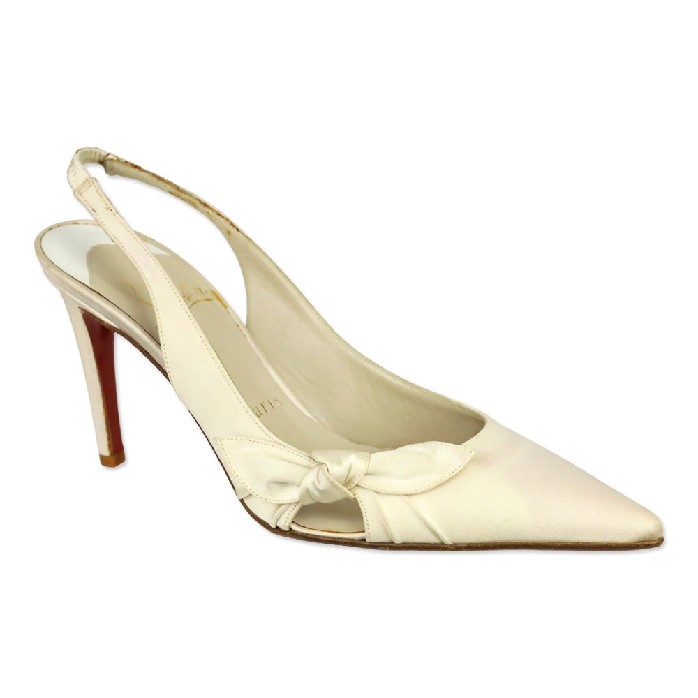 Christian Louboutin White Crepe Bow Slingback Pumps