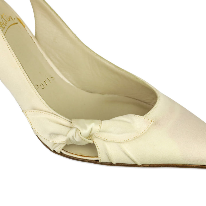 Christian Louboutin White Crepe Bow Slingback Pumps