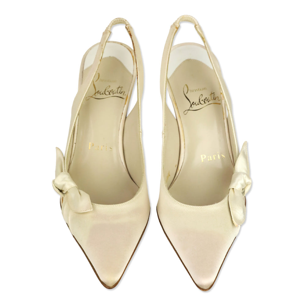 Christian Louboutin White Crepe Bow Slingback Pumps
