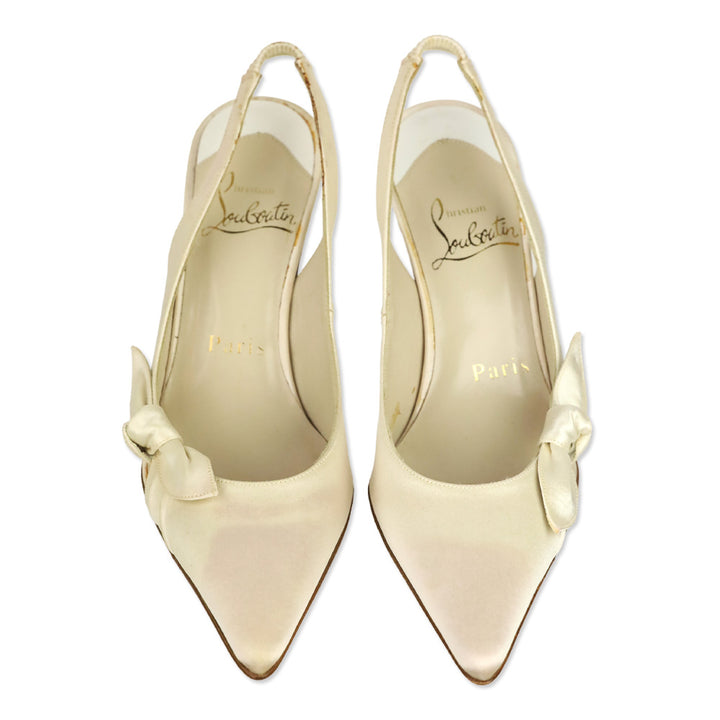 Christian Louboutin White Crepe Bow Slingback Pumps