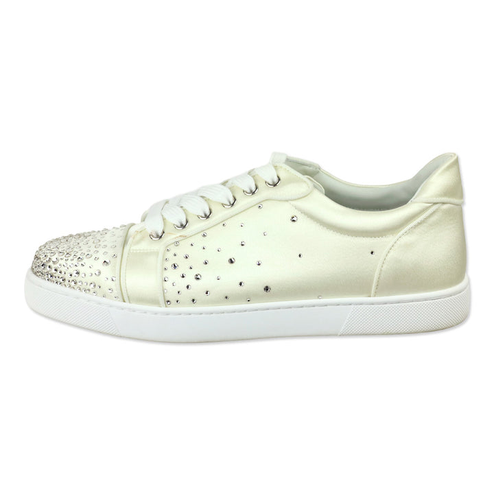 Christian Louboutin White Crystal Crepe Satin/Grosgrain Degraviera Strass Low-Top Sneaker