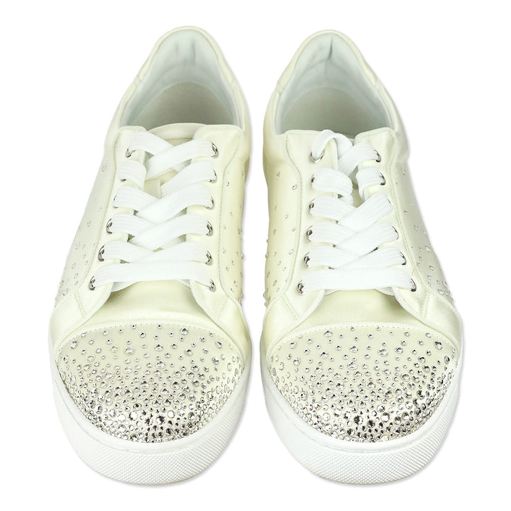 Christian Louboutin White Crystal Crepe Satin/Grosgrain Degraviera Strass Low-Top Sneaker