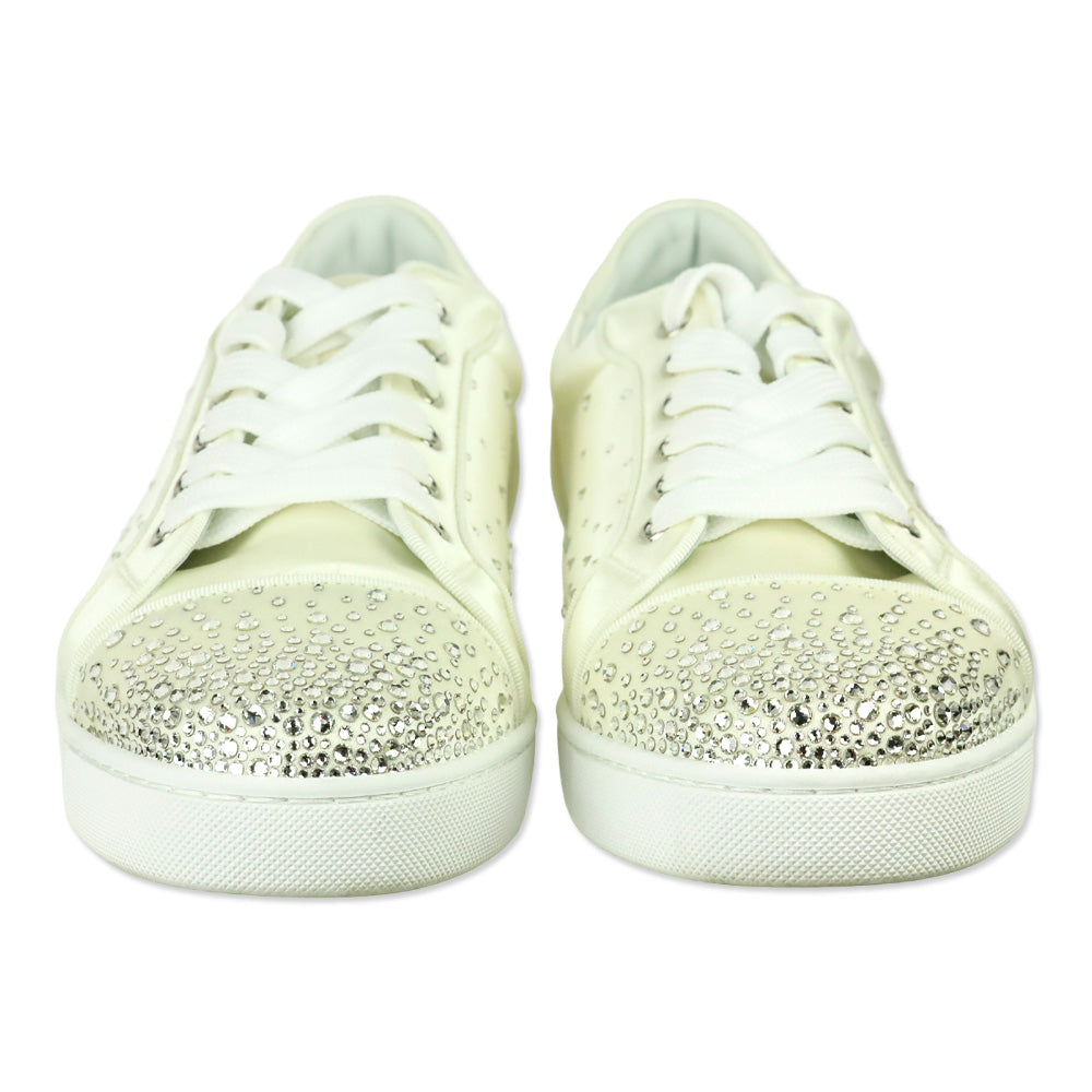 Christian Louboutin White Crystal Crepe Satin/Grosgrain Degraviera Strass Low-Top Sneaker