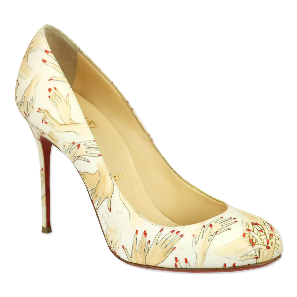 Christian Louboutin White Hand Print Satin Tissu Beauty FiFi 100 Pump