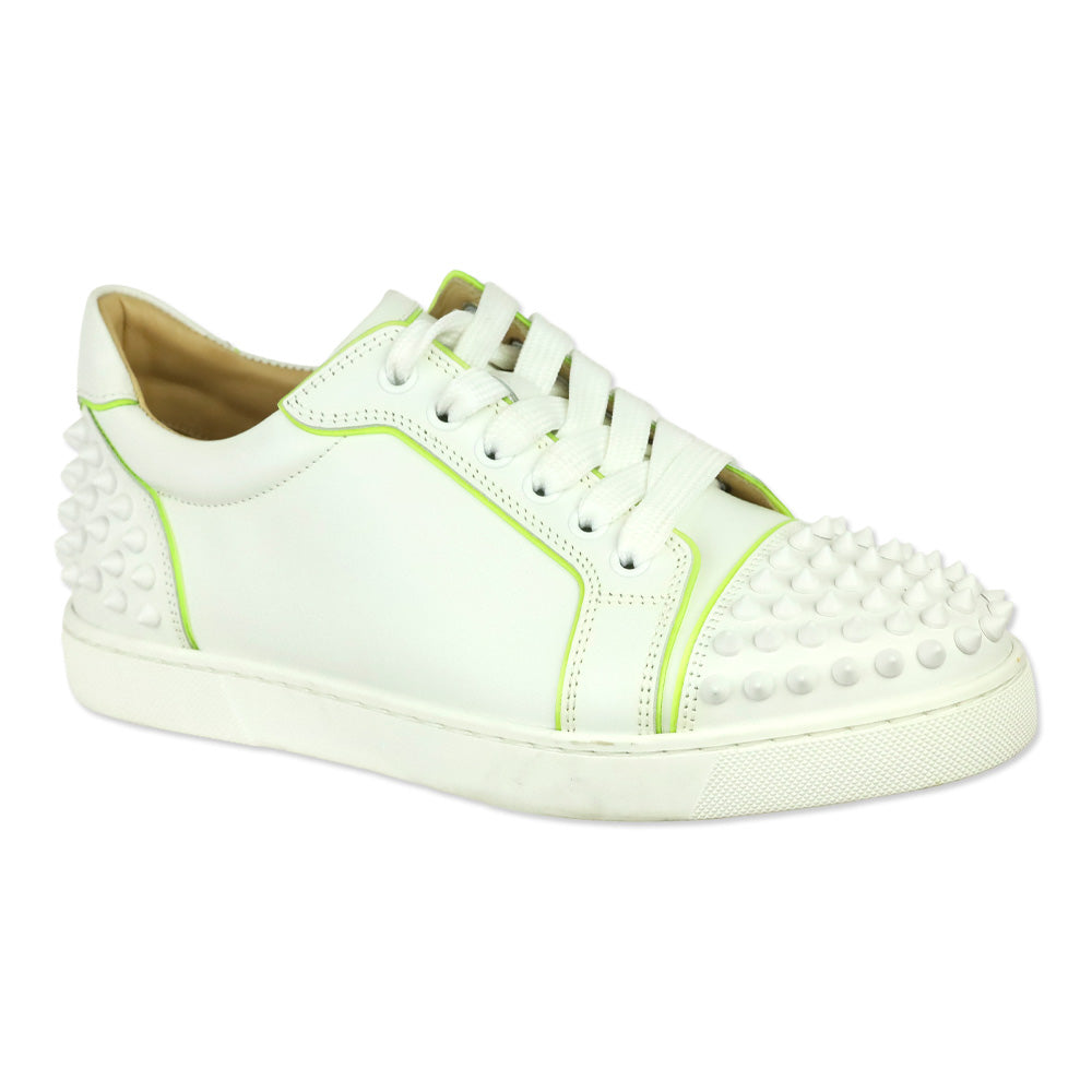 Christian Louboutin White Leather/Neon Trim Viera 2 Spiked Low-Top Sneakers