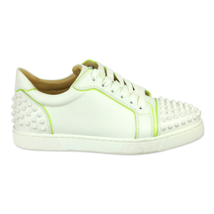 Christian Louboutin White Leather/Neon Trim Viera 2 Spiked Low-Top Sneakers