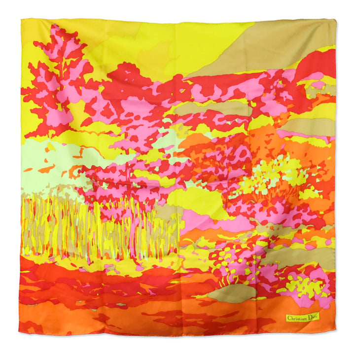 Christian Dior D-Wood Pink/Yellow Multicolor Silk Twill Square Scarf
