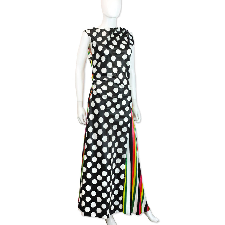 Christopher John Rogers Rainbow Striped Polka Dot Satin Maxi Dress