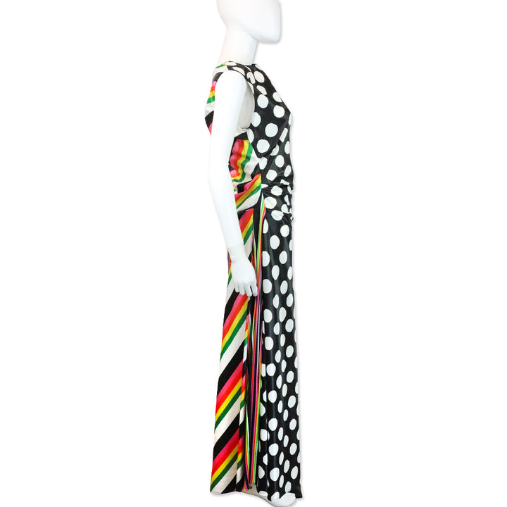 Christopher John Rogers Rainbow Striped Polka Dot Satin Maxi Dress