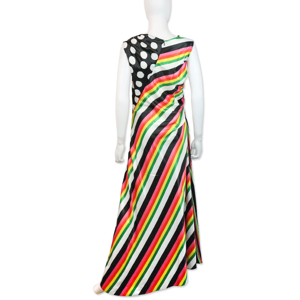 Christopher John Rogers Rainbow Striped Polka Dot Satin Maxi Dress