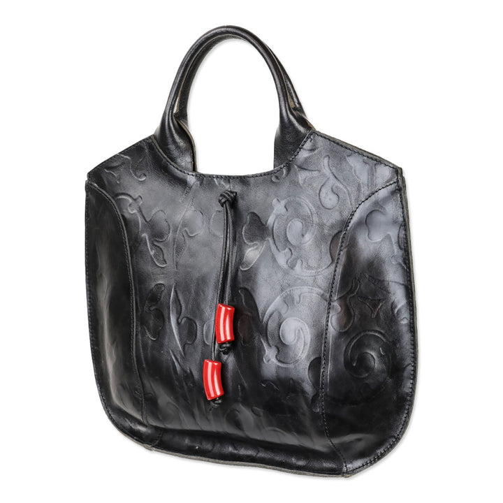 Christopher Kon Black Embossed Leather Tote with Red Stone Tassel