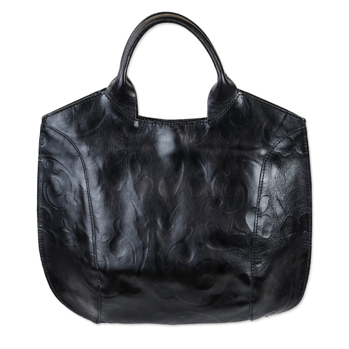 Christopher Kon Black Embossed Leather Tote with Red Stone Tassel