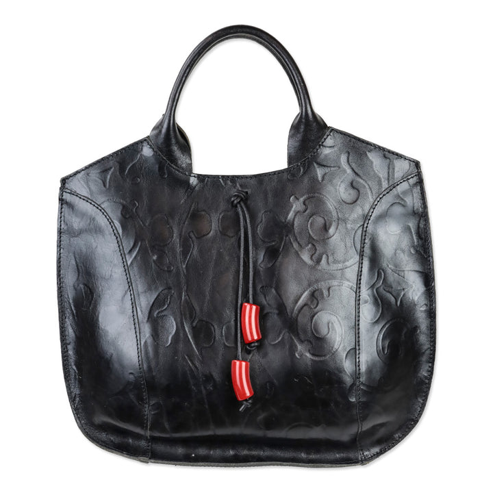 Christopher Kon Black Embossed Leather Tote with Red Stone Tassel