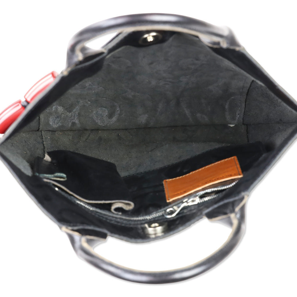 Christopher Kon Black Embossed Leather Tote with Red Stone Tassel